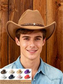 1Pc Back To School Western Cowboy Hat, Unisex, Felt Soft Woolen Hat, Belt Buckle Cowboy Hat, Suitable For Halloween, Holiday Parties, Daily Leisure, Etc - Style 1 - View 1