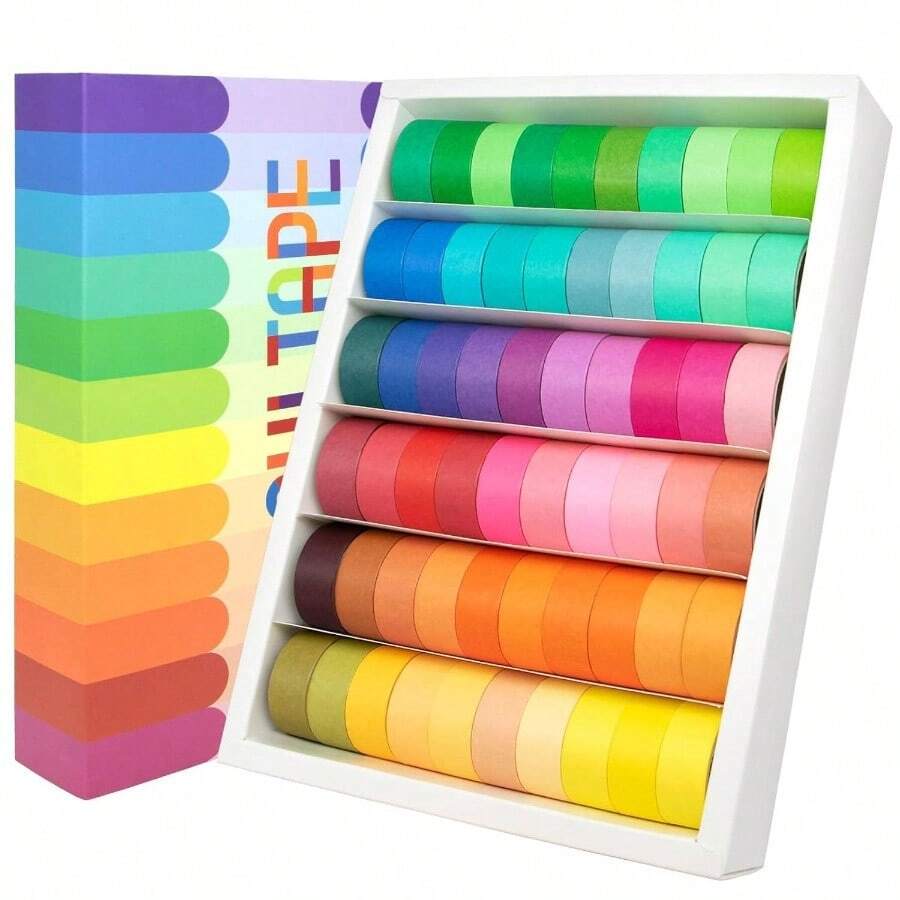 60 Rolls Washi Tape Set - 15mm Colored Masking Tape, Decorative Tape Bullet Journaling, Scrapbooking, Arts Crafts, Holiday Decoration - 60卷,15毫米寬,彩虹色 - 查看 1