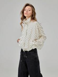 Women's Fashionable Fitted High Collar Short Polka Dot Print Casual Jacket, New Style
