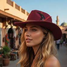 Women Men Western Cowgirl Hats With Feather Fashionable Wide Brim Fedora Caps For Outdoor Travel