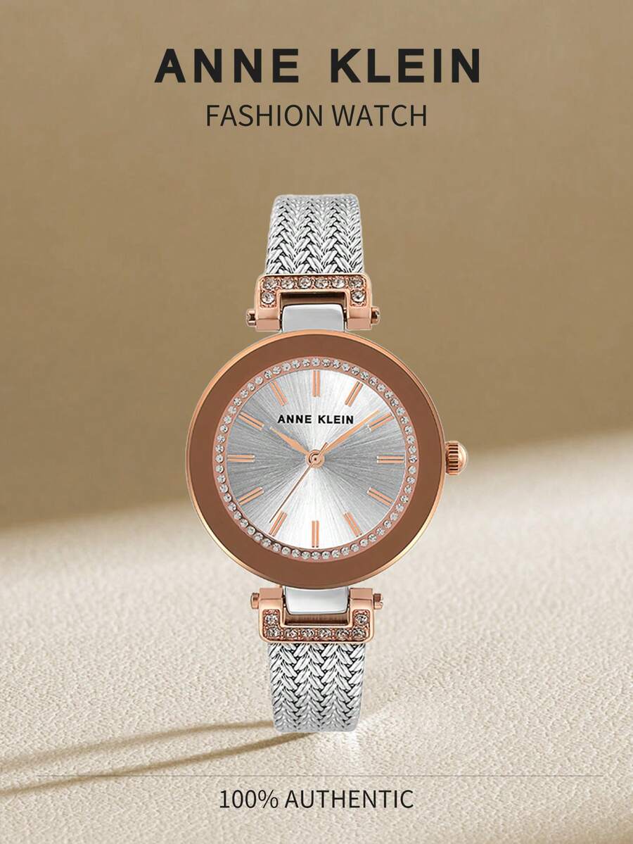 Anne Klein 女士优质水晶点缀手链腕表女士网状表带腕表 AK-1907SVRT