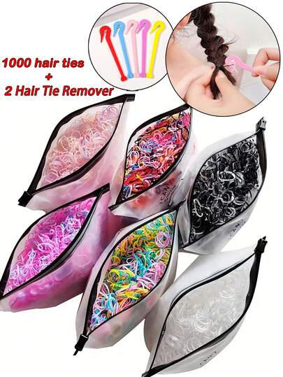 1000个发圈 + 2个发圈拆卸器，迷你弹力带，可爱发饰，佩戴牢固，发圈套装装在全息收纳袋中，是送给女孩的理想礼物，适合旅行、派对、学校、运动会——圣诞节、毕业典礼、返校季、派对发饰。
