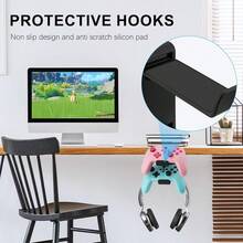 Soporte para controlador de juego y soporte para auriculares con clips ajustables, adecuado para montaje en escritorio, con ganchos giratorios de 360° y organizador de cables, un organizador de accesorios de juego 3 en 1. - Negro - Ver 6