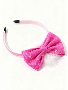 1pc Sparkle Bow, Beaded Alphabet Design Hairband With Green & Pink Fluffy Pom Poms, Fashionable And Cute Hair Accessory For Everyday And Celebrity Looks Party Halloween - Pink - View 7