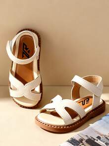 2026 Spring & Summer Minimalist Toddler Girls' 3-12 Years Old Soft Bottom Prewalker Shoes, Geometric Hollow Criss-Cross Design, Skin-Friendly Breathable Genuine Leather, Non-Slip Shock-Absorbing Open Toe Adjustable Hook And Loop Ankle Strap Flat, Fresh Minimalist Fashion Children Sandals For School, Daily, Outdoor, Versatile Occasions - Beige - View 1