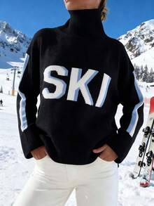 Women's New High Neck Drop Shoulder Long Sleeve Ribbed Waffle Knit Letter Jacquard Pattern Casual Comfortable Soft Fashion Sweater, Autumn/Winter