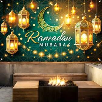 1pc Ramadan Mubarak Banner, Polyester Multipurpose Party Decor, Eid Celebration Wall Hanging, No Electricity Required, Suitable For Indoor And Outdoor Use