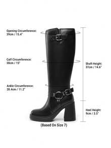 Women's Chunky Heel Platform Knee-High Boots Square Toe Side Zipper Adjustable Straps Buckle Decorated Motorcycle Riding Boots - 黑色 - 查看 4