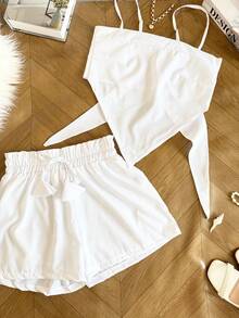 ELLIE Women's Set In Crepe Fabric Consisting Of A Cropped Top With Tie Closure And Lined Shorts. - trắng - Xem 4