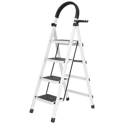 Escada Dobravel 6 Degraus Escadaria Tesoura 4 Degraus Portatil com Plataforma Larga em Aço Resistente Antiderrapante Articulada para Casa Cozinha Area Externa Cores Branco e Preto