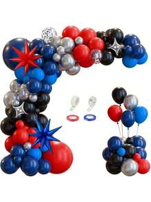 黑色、红色和蓝色银色星爆图案铝箔乳胶气球花环套装，蜘蛛侠主题气球拱门，适用于男士超级英雄生日派对装饰 - 卡其色 - 查看 8