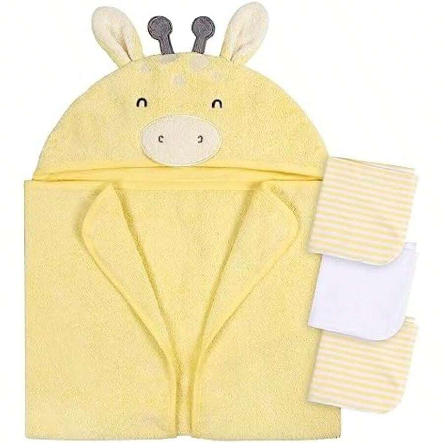 Gerber - Juego de 4 Toallas con Capucha y Paños Toalla Personajes Animales, León Café, Talla Única(Una talla Jirafa amarilla) - Multicolor - Ver 1