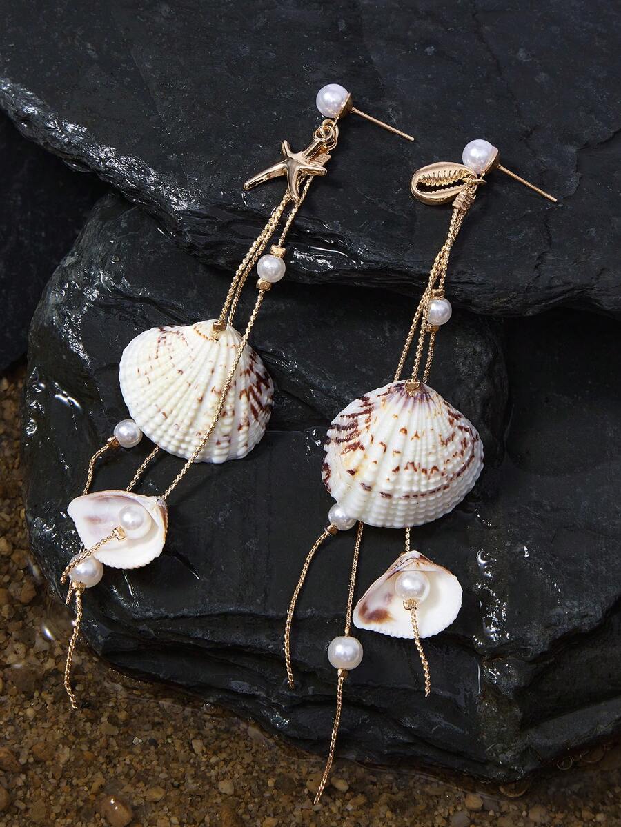 Opalesca 1 Pair Romantic Sea Style Shell & Decor Tassel Earring Elegant Faux Pearl Earstud Charm Women Jewelry, Suitable For Daily Wear, Date, Beach Vacation. The Shell Shape And Pattern Are Randomly Arranged, Made Of Natural Seashell Material. - Multicolor - View 1