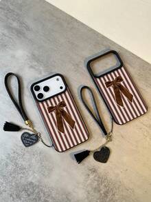 1 Stück Vintage Mode personalisierter brauner gestreifter Schleifen Design wasserdichter stoßfester rutschfester hochwertig geprägter weicher Textur Handyhülle + modisches herzförmiges Kunstleder Lanyard Armband, kompatibel mit Apple, Smartphones, tolles Geschenk für Freunde, Familie, Paar, Geburtstage, Feiertage - Verschiedenfarbig - Übersicht 3
