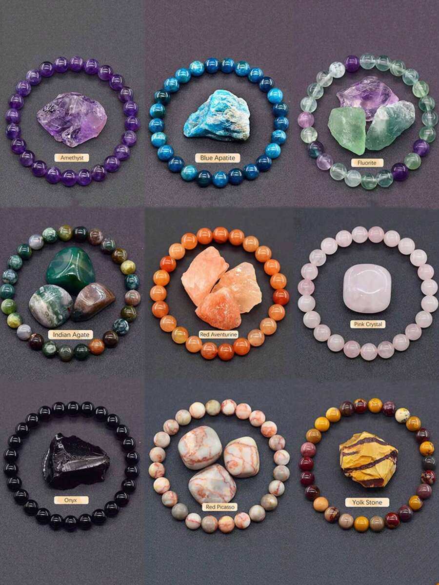 8mm Sunstone & Agate Crystal Beaded Handmade Bracelet - Stone Bracelet - View 1