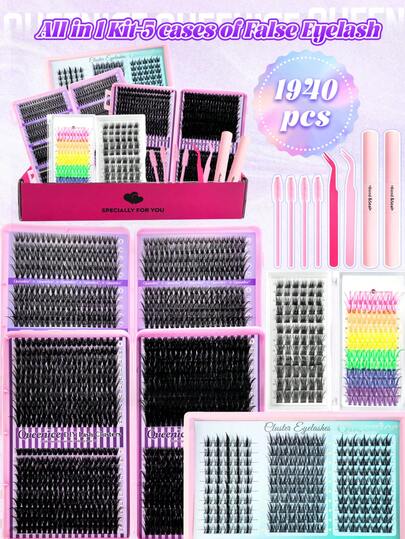 Queenice 1940pcs/Set 13pcs False Eyelashes Gift Box - 30D-100D Curl, Cartoon/Mouse/Dog/Colorful/Fluffy Natural Cluster Fake Lashes, Includes Glue And Tools, Suitable For Beginners, DIY, Travel, Party, Holiday And Daily Makeup