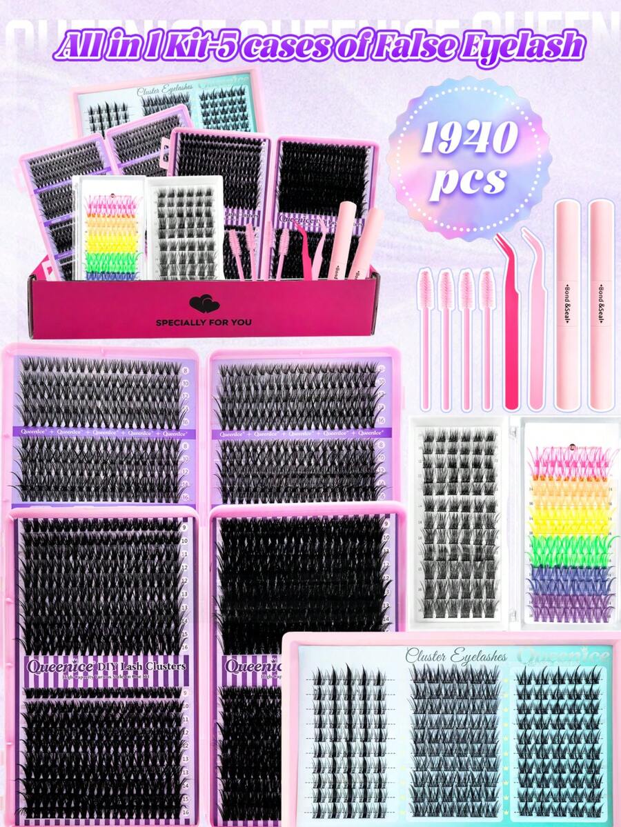 Queenice Bộ 1940 sợi/hộp quà 13 sợi mi giả - Độ cong 30D-100D, hình hoạt hình/chuột/chó/nhiều màu sắc/mềm mại tự nhiên, kèm keo và dụng cụ, phù hợp cho người mới bắt đầu, tự làm, du lịch, dự tiệc, kỳ nghỉ và trang điểm hàng ngày.