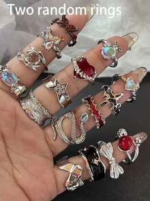 2pcs/Set Random Gothic Punk Hip Hop Edgy Dark Ring Set - Snake Ring, Heart Ring, Star Ring, Adjustable Open Design Versatile Rings, Suitable For Women, Valentine's Day Gift, Party Gift, Holiday Gift, Gift For Friends - Two Random Items - View 5