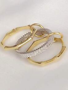 rundraw 3pcs New Elegant Geometric Bamboo Knot Design Zirconia Inlaid Adjustable Copper Gold Rings, Suitable For Women's Daily, Dating, Party, Anniversary, Matching Daily Outfit Accessories, Best Gift For Friends And Lovers On Holidays And Anniversaries - Set Of Rings - View 6