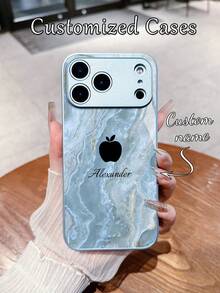 1pc Customized Name & Creative Blue Marble Apple Design Tempered Glass + TPU Soft Edge Phone Case, Compatible With Samsung S24 Ultra/S25 Ultra And Apple 17 Pro Max/16 Pro Max/15 Pro/14 Plus/13 Pro/12 Pro Max/11/Xs Max/8/7/6 Plus, Suitable As Birthday Gift, For Girlfriend/Boyfriend Or Personal Use
