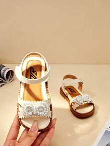 儿童2026春夏水钻装饰可调节绑带平底甜美凉鞋 - 米色 - 查看 3
