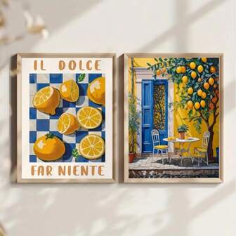 Set de 2 impresiones de arte en lienzo sin marco - Paisaje de árbol de limón italiano vintage, perfecto para la decoración del dormitorio, sala de estar, cocina y pasillo