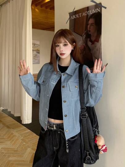女士复古条纹翻领牛仔夹克，休闲纽扣外套，春秋季