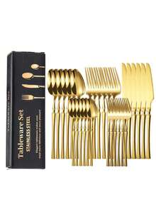 15/30/40件套不锈钢餐具套装，刀叉勺西式餐具套装，适用于露营、野餐、户外厨房、家庭厨房、餐厅、酒店、婚礼等场合。 - 金色 - 查看 1