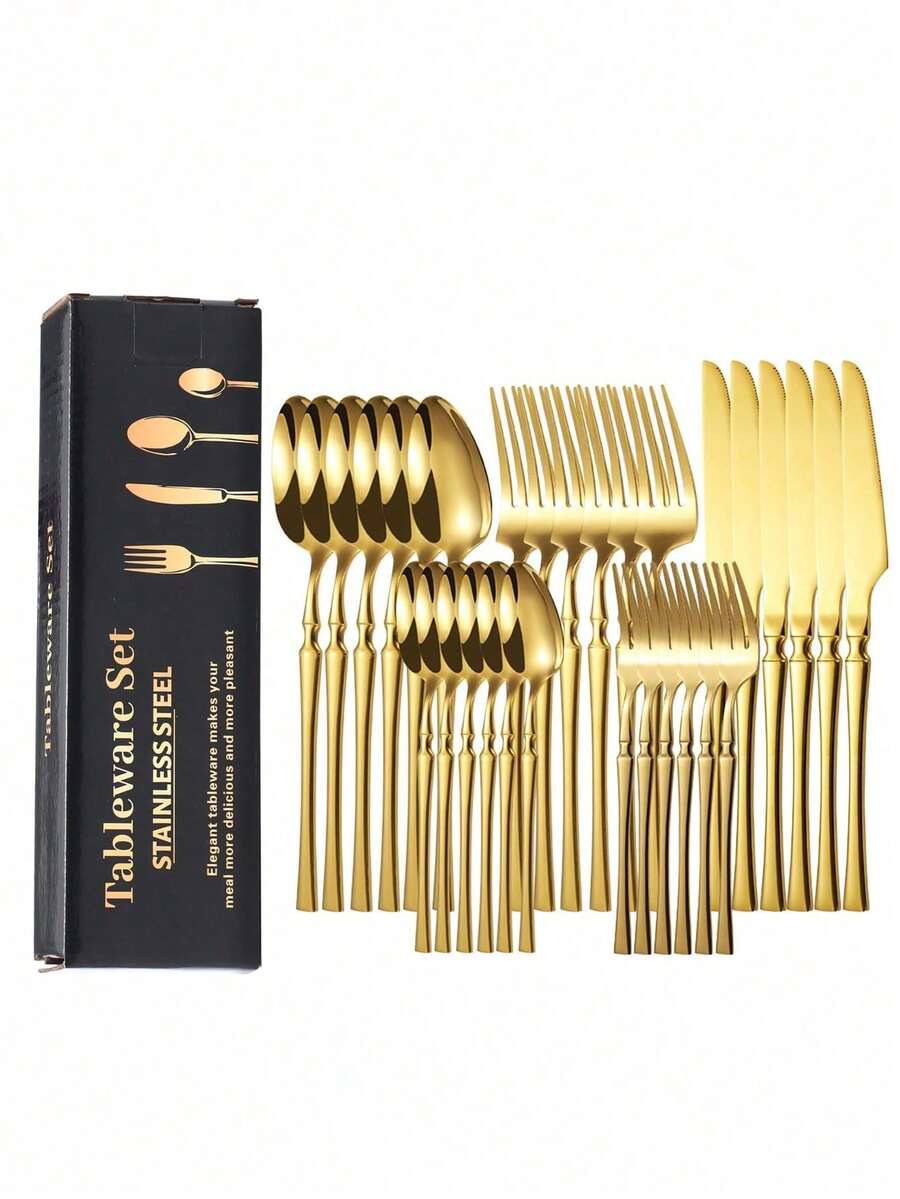 15/30/40件套不锈钢餐具套装，刀叉勺西式餐具套装，适用于露营、野餐、户外厨房、家庭厨房、餐厅、酒店、婚礼等场合。 - 金色 - 查看 1