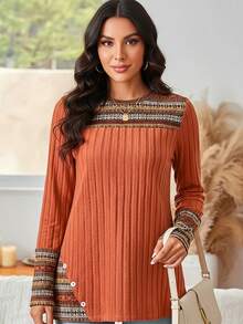 Blusa de manga larga para mujer con estampado elegante de rayas geométricas y cuello redondo - Naranja - Ver 8