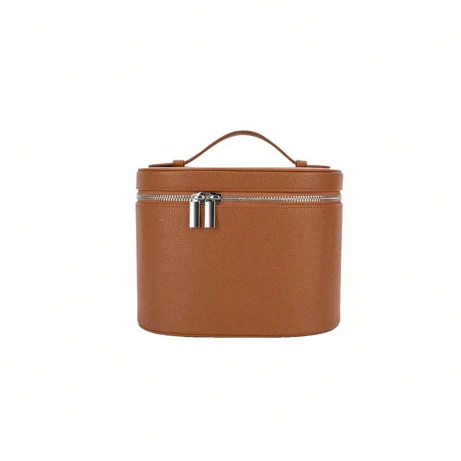 Makeup Bag, Leather Travel Toiletry Bag, Fashionable Cosmetic Bag, Waterproof Travel Cosmetic Bag With Zipper, Waterproof Cosmetic Bag For Women, Travel Makeup Bag With Compartments And Handle, Portable Cosmetic Organizer Bag, Toiletry Bag For Women - 棕色 - 查看 1