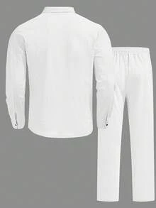 Kolrap Men's Linen Texture Shirt & Pants Set, Long Sleeve Button-Up Top And Drawstring Long Pants 2-Piece Outfit, Summer Beach Vacation Wear - White - View 5