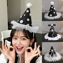 1 Set Handmade Black Elegant Birthday Hat With Pearl, Rose, Bow Lace Trim, Party Costume Photo Prop For Adults - Black - View 2