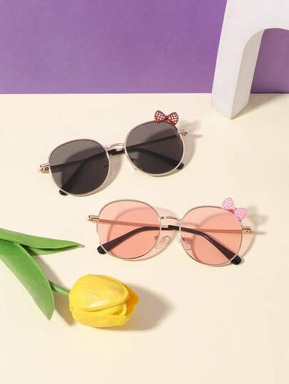 2 piezas Gafas de moda con marco metálico redondo y adorno de lazo para niñas de 7 a 12 años, para fiestas y vacaciones