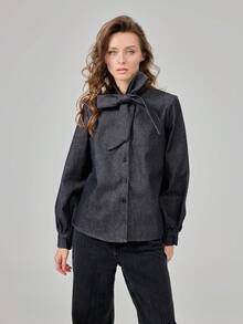 Elegant Women's Front-Breasted Denim Top Coat Retro Lace-Up Women's Streetwear Long-Sleeved Top - Blue - View 5