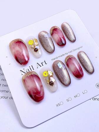 Gradient Nude Pink Blending, Golden Glitter & Transparent Retro Sweet-Cool Bases, Golden Edging Design, 3D Small Flower + Bead Decor & Iridescent Rhinestone Elements Design Shiny 100% Handmade Press On Acrylic Nails Middle Oval 10pcs Reusable Nail Art Design Nail Products For Women And Girls Nail Supplies Nails
