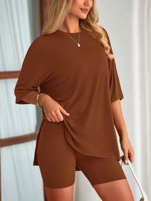 PRETTYGARDEN Women's Summer Clothes 2 Piece Sets Lounge Set Casual Oversized Shirts Biker Shorts Matching Airport Travel Sweatsuit Set Women Vacation Outfit Brown Summer Brunch Outfits For Women - 棕色 - 查看 3