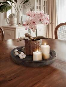 1pc Vintage Wooden Round Decorative Tray, Farmhouse Distressed Candle Holder Base, Home Living Room Incense Candle Plate