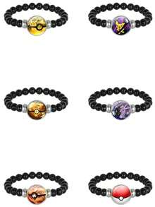 Cartoon Anime Pokeball Black Agate Beaded Stretch Bracelet, Niche Design Jewelry For Students And Couples, Daily Wear Accessories, Ideal Gift For Boyfriend Girlfriend Best Friends Birthday Holiday Presents - Multicolor - View 2