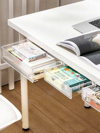 1 pieza Organizador de cajón oculto debajo del escritorio, Caja de almacenamiento de cajón debajo del escritorio sin taladro, Soporte oculto para bolígrafos, Caja de almacenamiento de varios usos de oficina, Caja de papelería para estudiantes (Contiene tres pegatinas de megabyte)