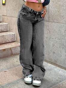 Quần jean denim thêu hình bướm, kiểu dáng cổ điển, thường ngày dành cho nữ tuổi teen. - Xám - Xem 2