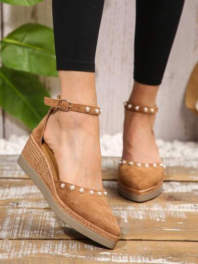 Bohemian Style Women's Summer Vacation Straw Woven Platform Wedge Sandals, Ladies Plus Size 35-43, Retro Buckle Design High Heel Shoes, Thick Bottom Waterproof Platform, Rope Bottom Wedge Sandals, Open Toe, Pointed Toe, Pearl Decor, Elegant And Charming