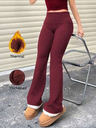 Women's Casual Solid Color High Waist Flare Leggings, Fleece Lined Pleated Slim Fit Pants, Loose Straight Leg Sweatpants, Comfortable For All Seasons, Machine Washable, Suitable For Running, Workout, Yoga, Fitness, Home And Daily Wear