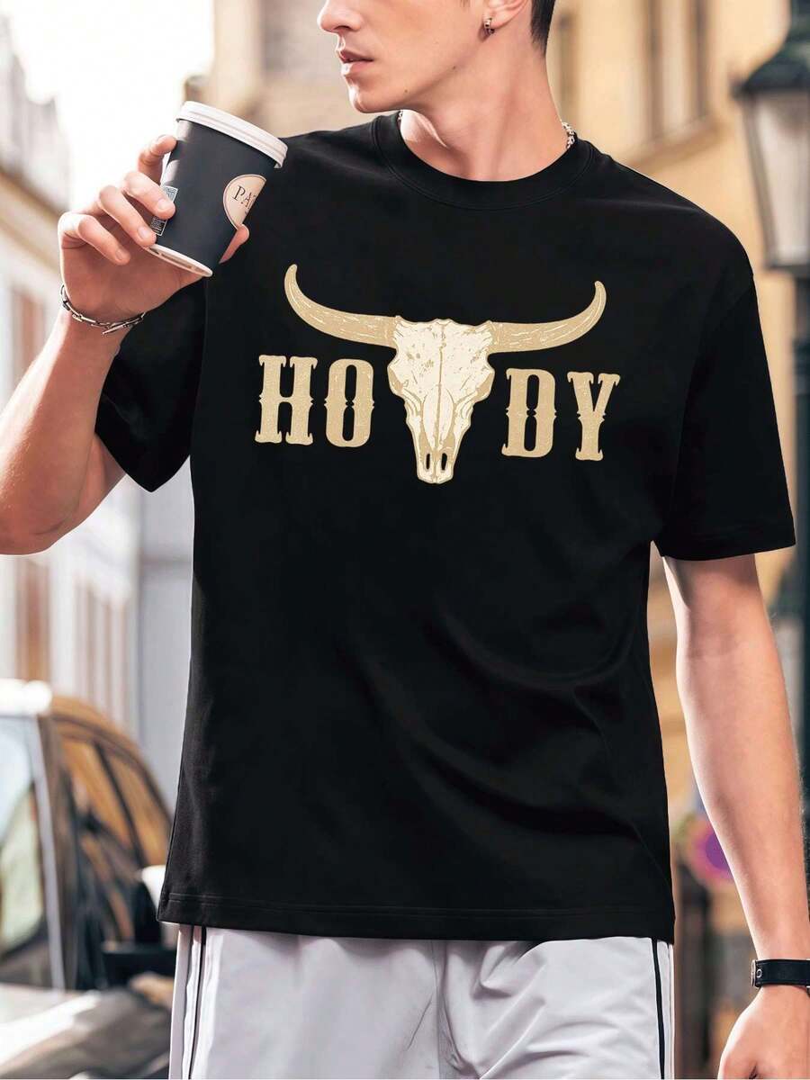 Schwarzes T-Shirt mit Kuhsch?del-Print aus Premium-Baumwolle, bequeme Passform, Streetwear- und Hip-Hop-Stil, auff?lliger Print, Neuheit - Schwarz - Übersicht 1