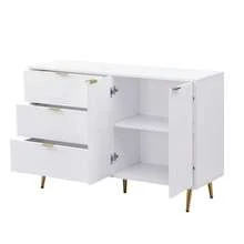 Sideboard, Living Room Cabinet With Doors And Drawers, Interior Shelves, Chest Of Drawers With Gold Handles And Legs - White - View 10