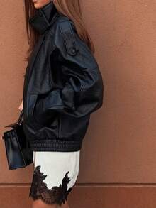 LEILEIBEI 秋冬新款女装简约百搭压纹皮夹克，欧美风 - 黑色F - 查看 8