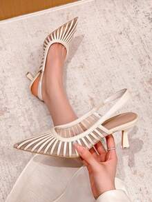 Xin Jing Shoes New Elegant Women High Heel Shoes, Casual Sexy Fashion Mesh Backless Commuting & Dating Mid Heel Pumps - Beige - View 3