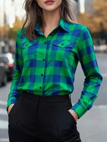 Women's Fashionable Green & Blue Plaid Long Sleeve Shirt Collar Shirt, Regular Fit, Non-Stretch Fabric - Green - View 8