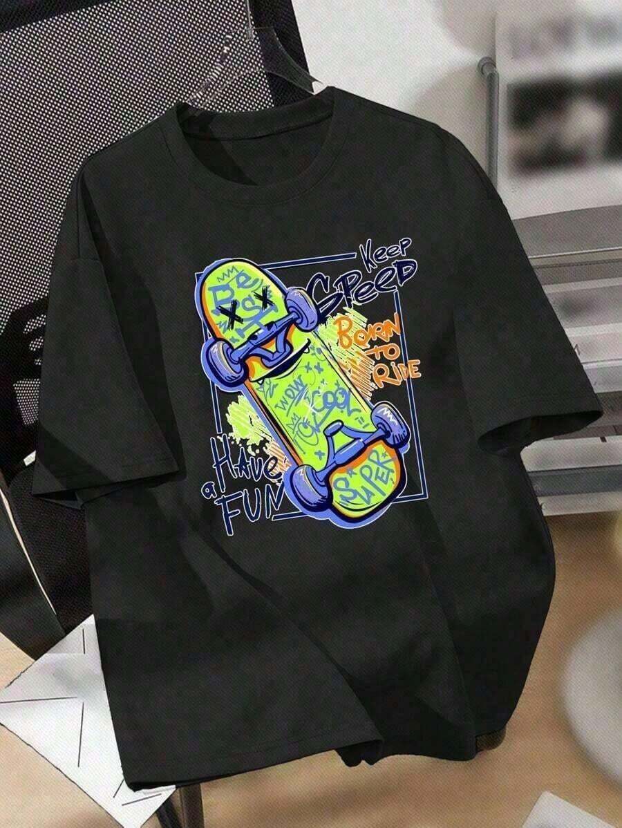 Camiseta de manga corta con cuello redondo y patrón de dibujos animados para el verano. - Negro - Ver 1