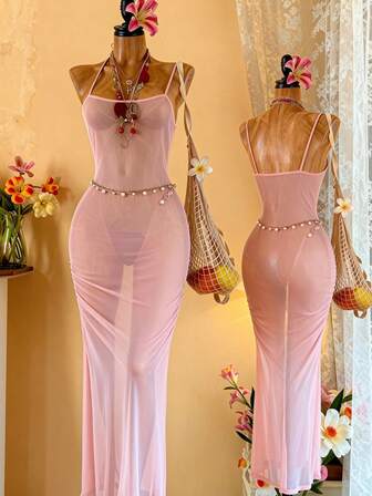 女士性感连衣裙，纯色，薄纱，略微透明，舒适优雅，充满节日气息，适合圣诞之夜和浪漫场合的假日派对礼服。